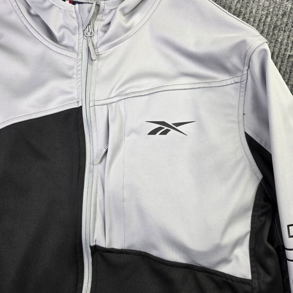 Reebok Track Jacket Mens L Black Gray Colorblock Spellout Hooded Zip Athleisure - Picture 5 of 13